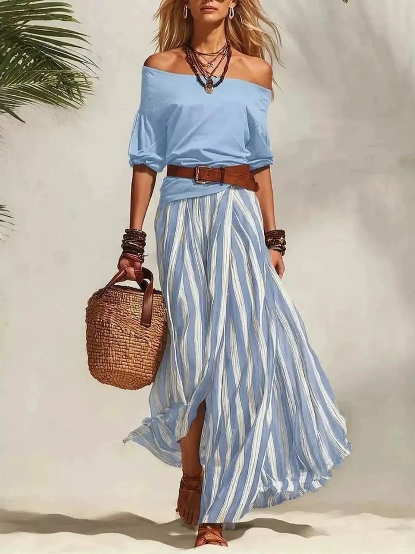 Off-Shoulder Top and Striped Maxi Skirt Set by Belle Bijouix; light blue top, blue-and-white striped maxi skirt, brown belt, straw bag.
