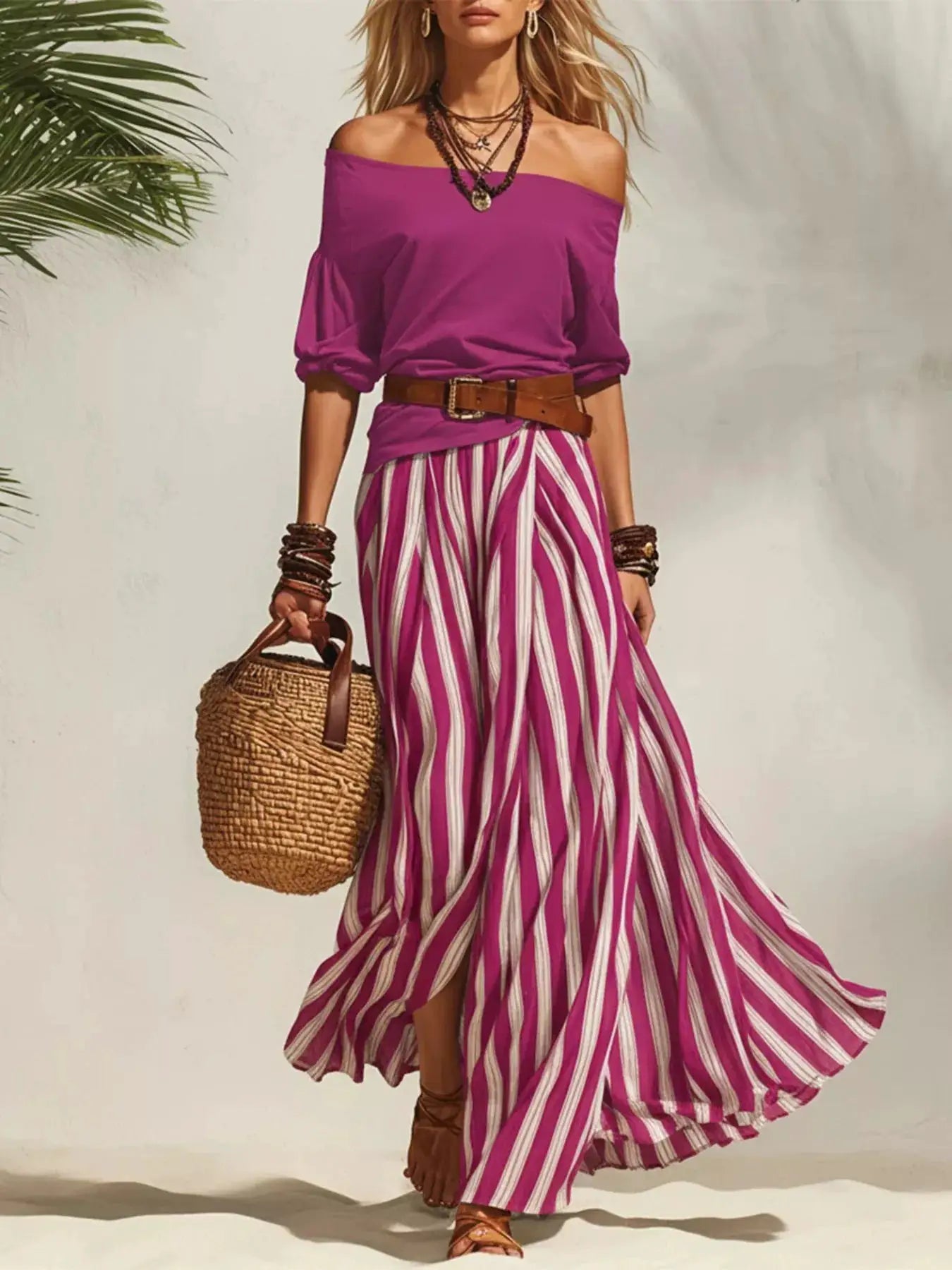 2-piece outfit set: off-shoulder magenta top with brown belt and pink-white striped maxi skirt