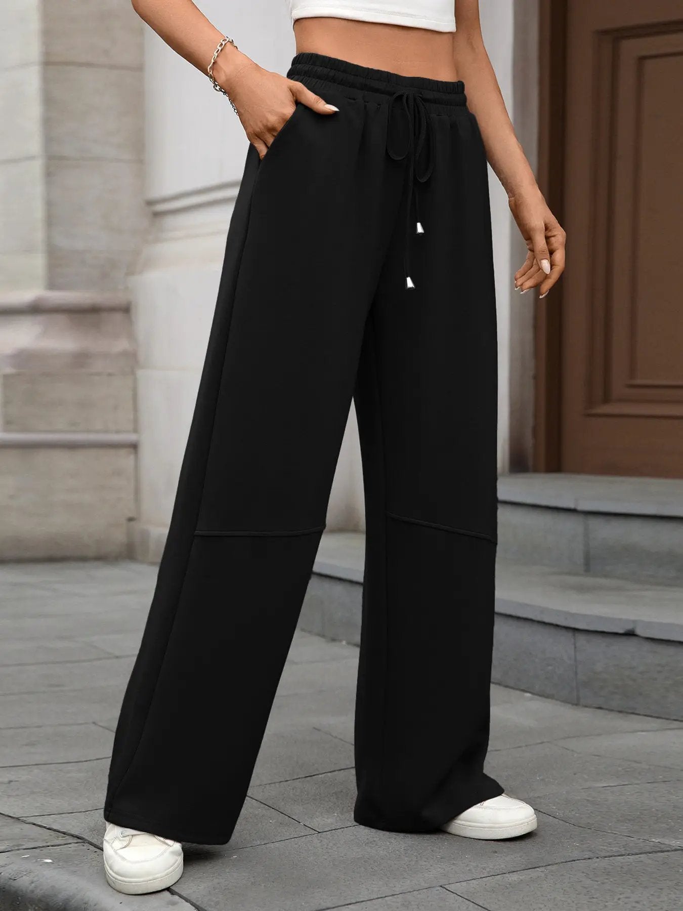Drawstring high-waist wide-leg black casual pants for everyday wear