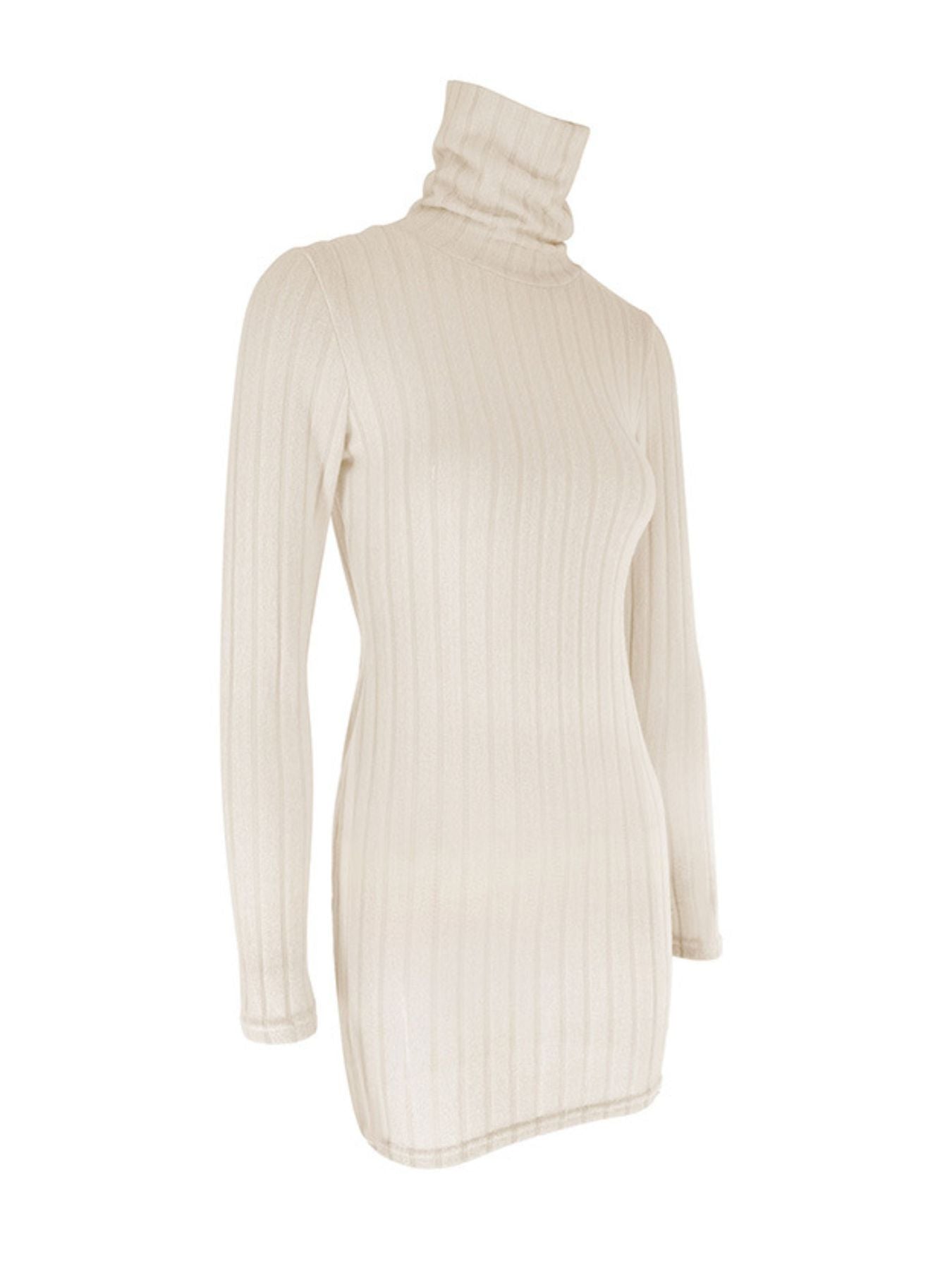 Turtleneck ribbed bodycon mini dress in cream knit fabric