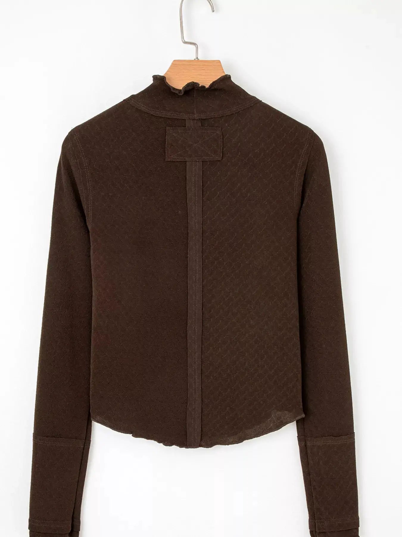 Brown lettuce-trim patchwork jacquard long-sleeve top