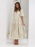 Tiered Surplice Half Sleeve Midi Dress by Belle Bijouix in beige