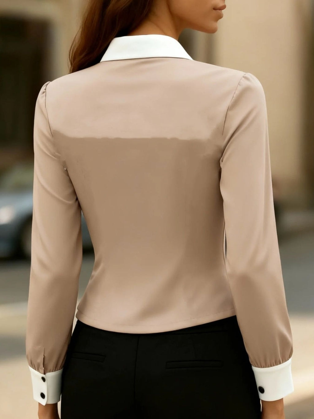 Beige Belle Bijouix contrast button-down shirt with white collar and cuffs, back view.