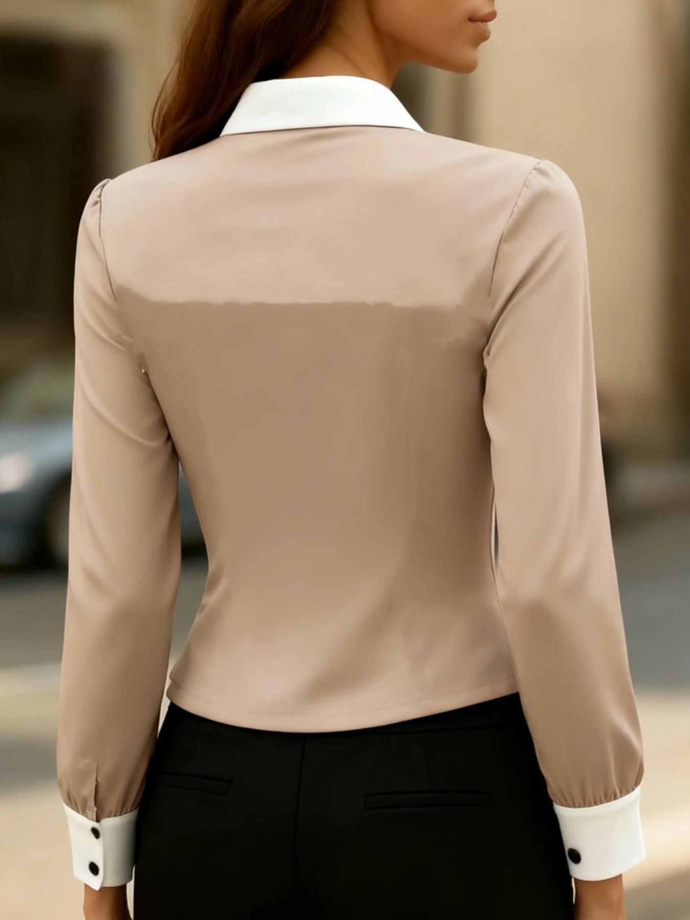 Beige Belle Bijouix contrast button-down shirt with white collar and cuffs, back view.