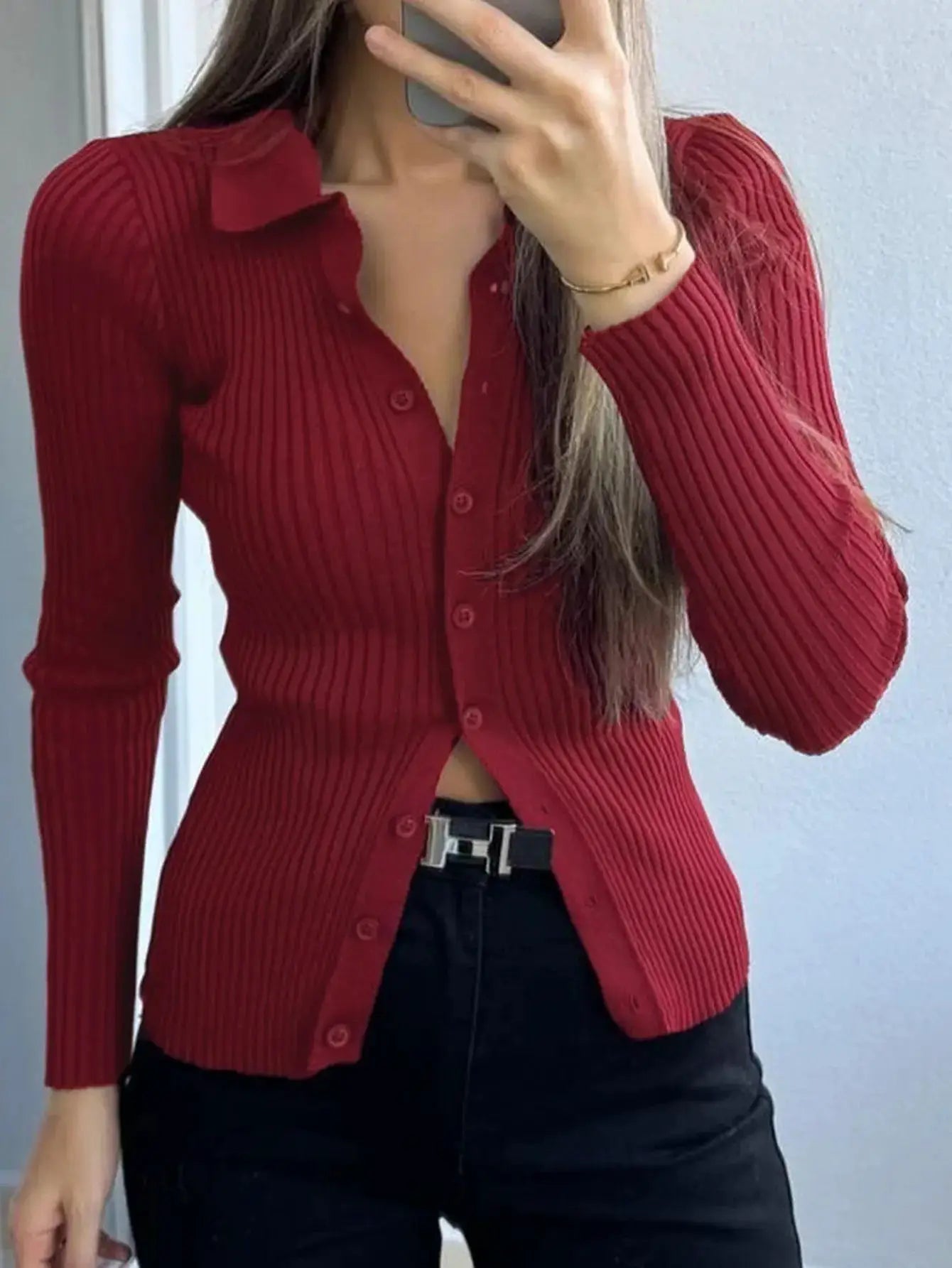 Ribbed Button-Front Long Sleeve Cardigan by Belle Bijouix in red; knit sweater with front buttons.
