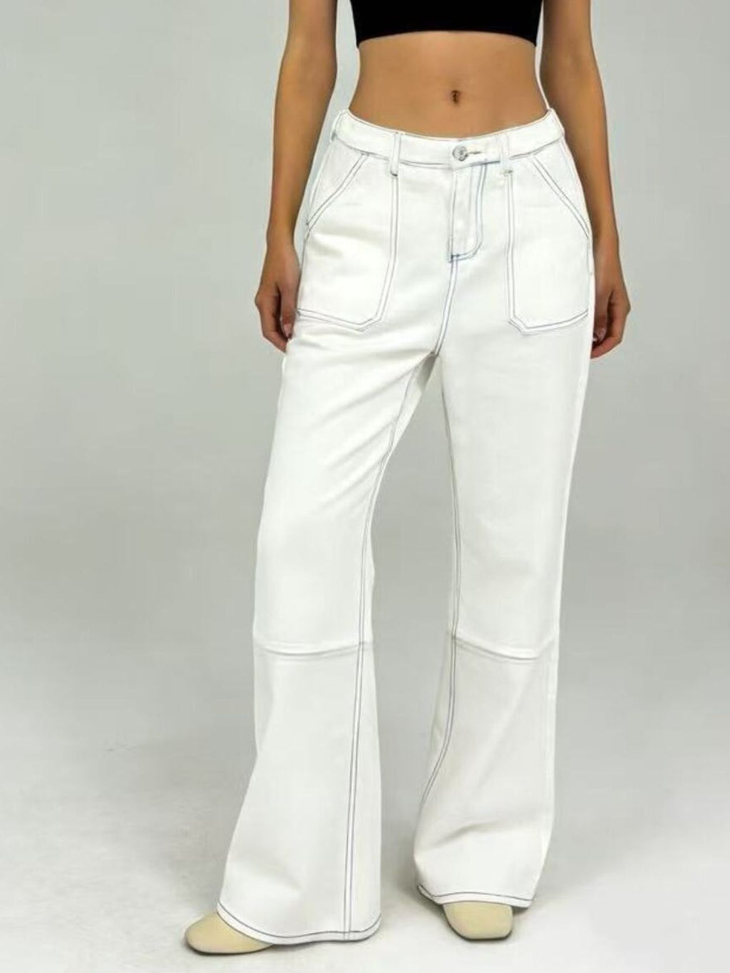 Wide Leg Jeans by Belle Bijouix in white with contrast stitching and front pockets