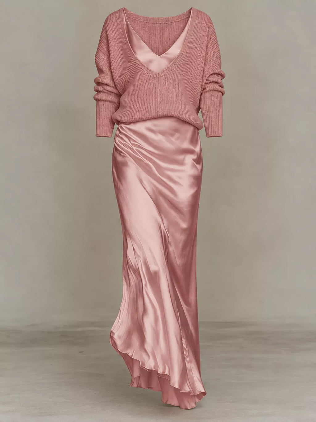 V-Neck Sweater & Satin Slip Maxi Dress Set in Pink by Belle Bijouix – view 40 of 41