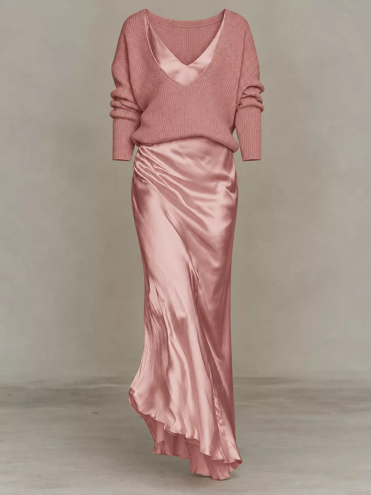 V-Neck Sweater & Satin Slip Maxi Dress Set in Pink by Belle Bijouix – view 40 of 41