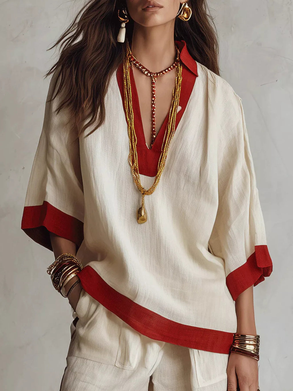 Contrast-Trim Top and Wide-Leg Pants Set