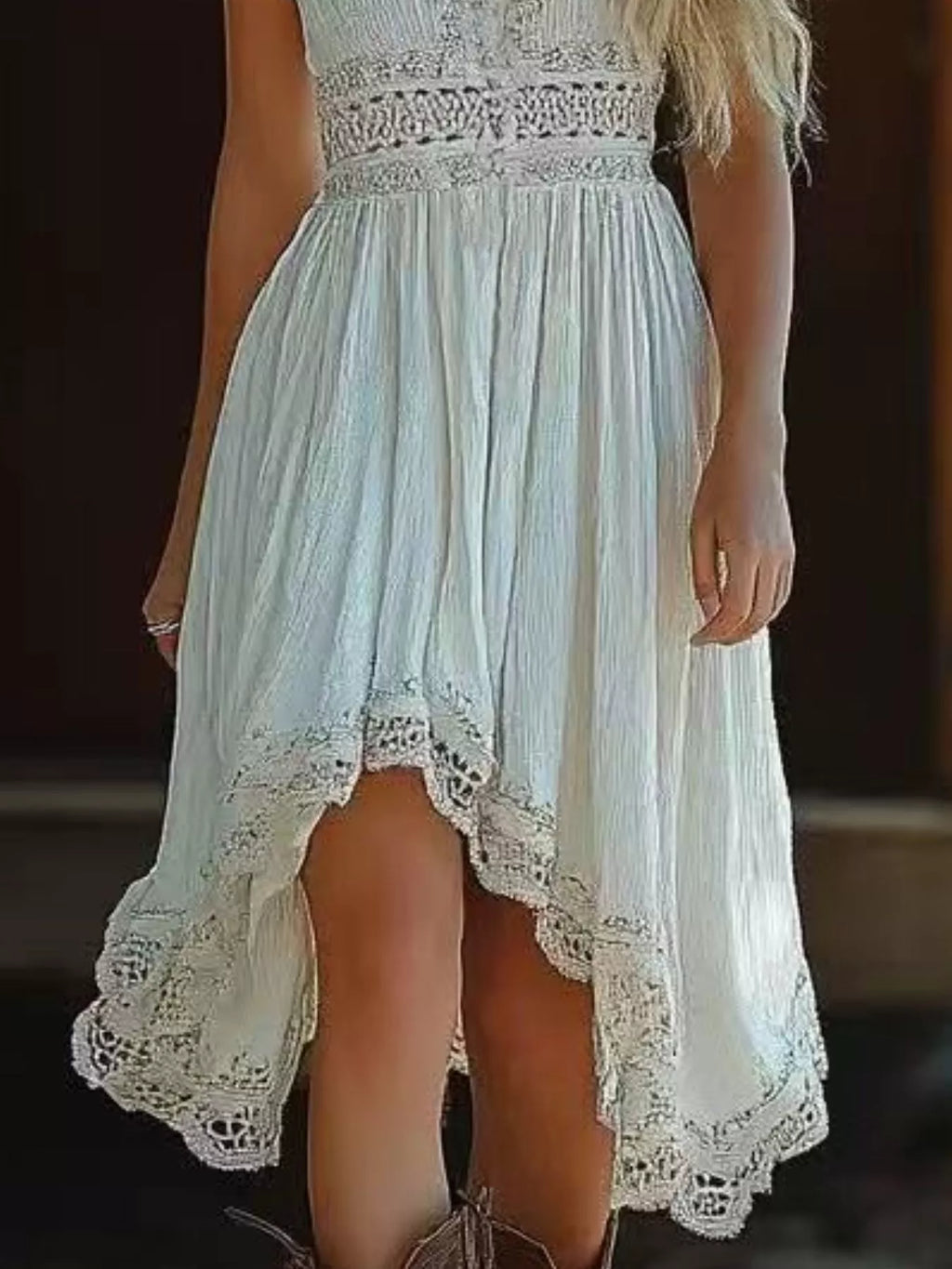 Asymmetrical Hem Lace V-Neck Cami Dress in pale blue with lace trim.