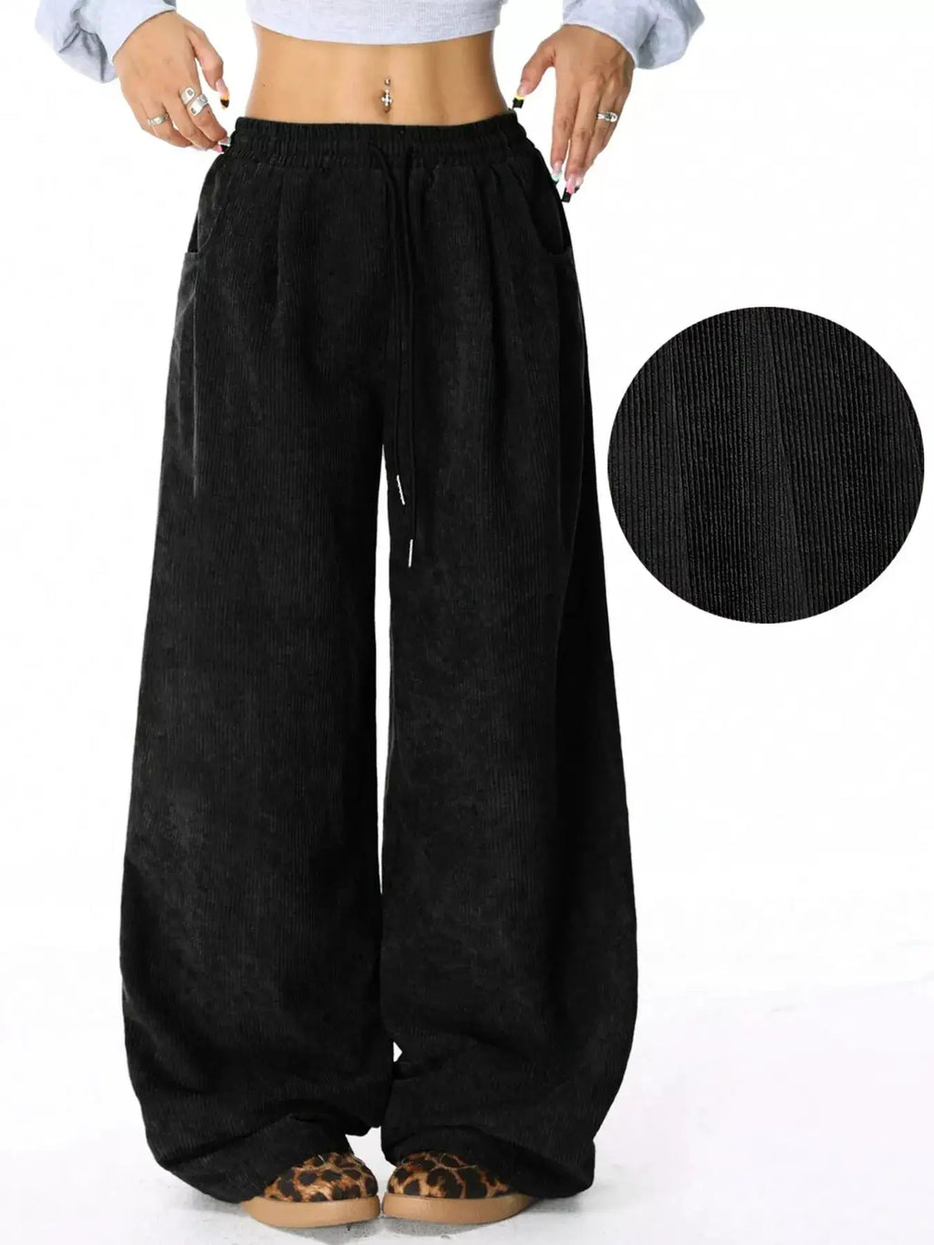Casual corduroy wide-leg pants with drawstring waist and pockets, black