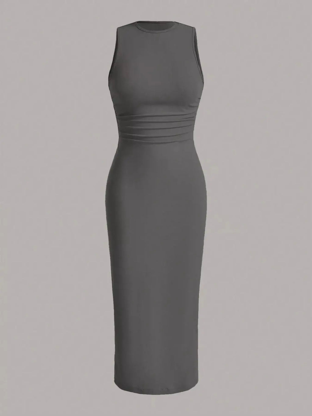 Sleeveless round-neck midi dress in charcoal stretch fabric with ruched waist