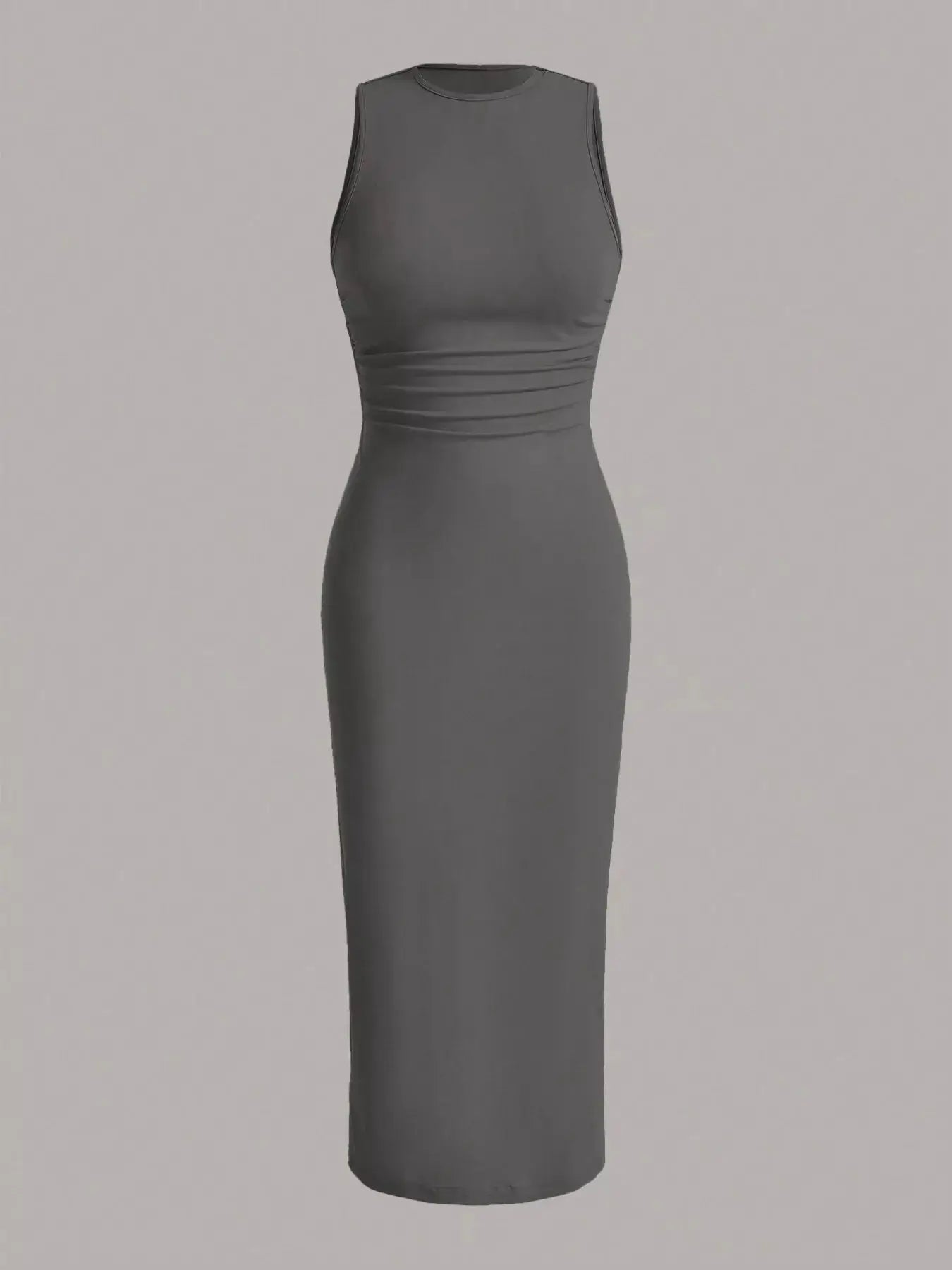 Sleeveless round-neck midi dress in charcoal stretch fabric with ruched waist