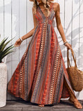 Tied Back Printed Sleeveless Maxi Slit Dress by Bellebijouix in orange-red-blue boho stripe print with smocked bodice