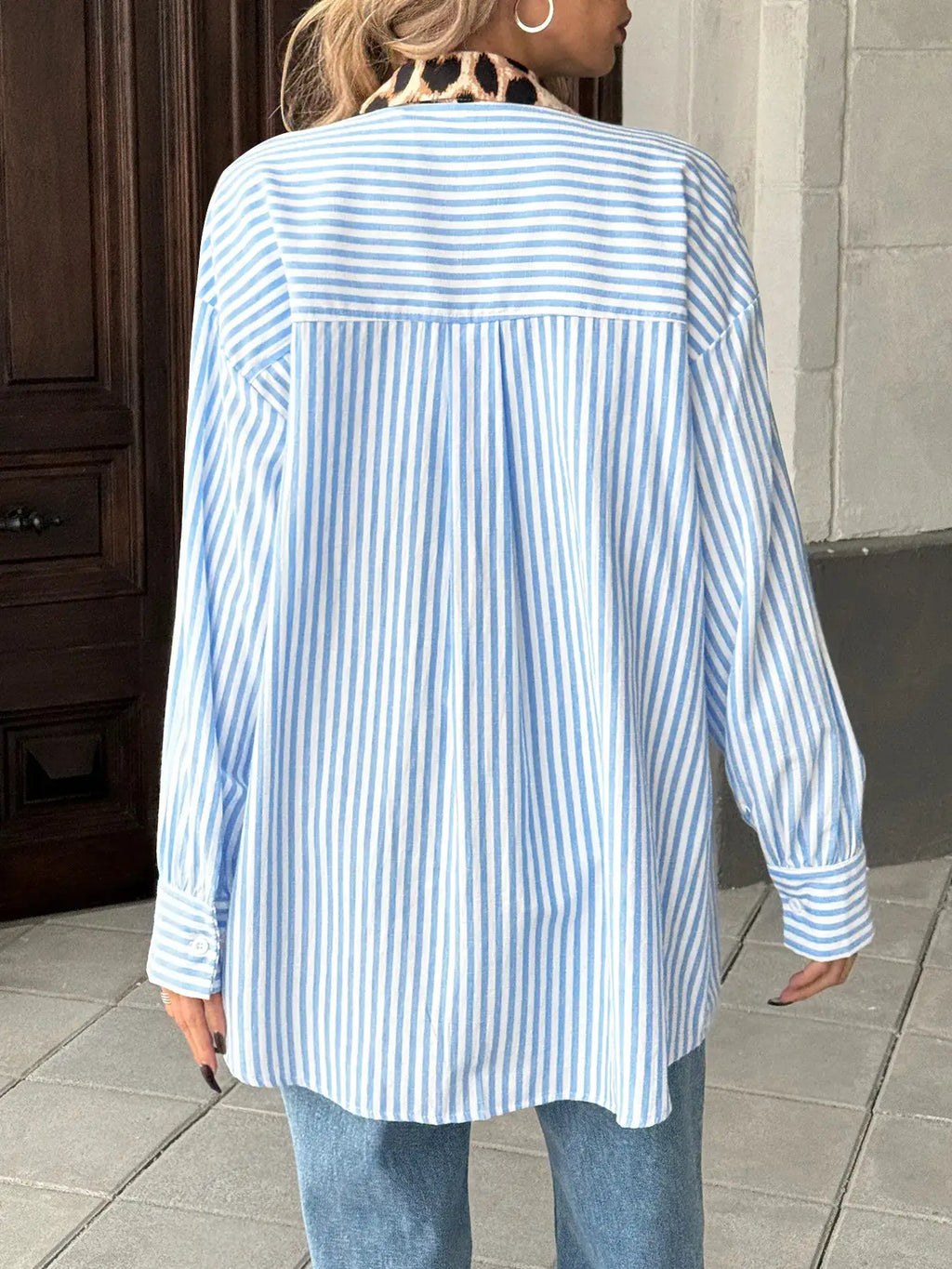 Leopard Floral Striped Casual Button-Up Shirt, blue-and-white striped, long sleeves