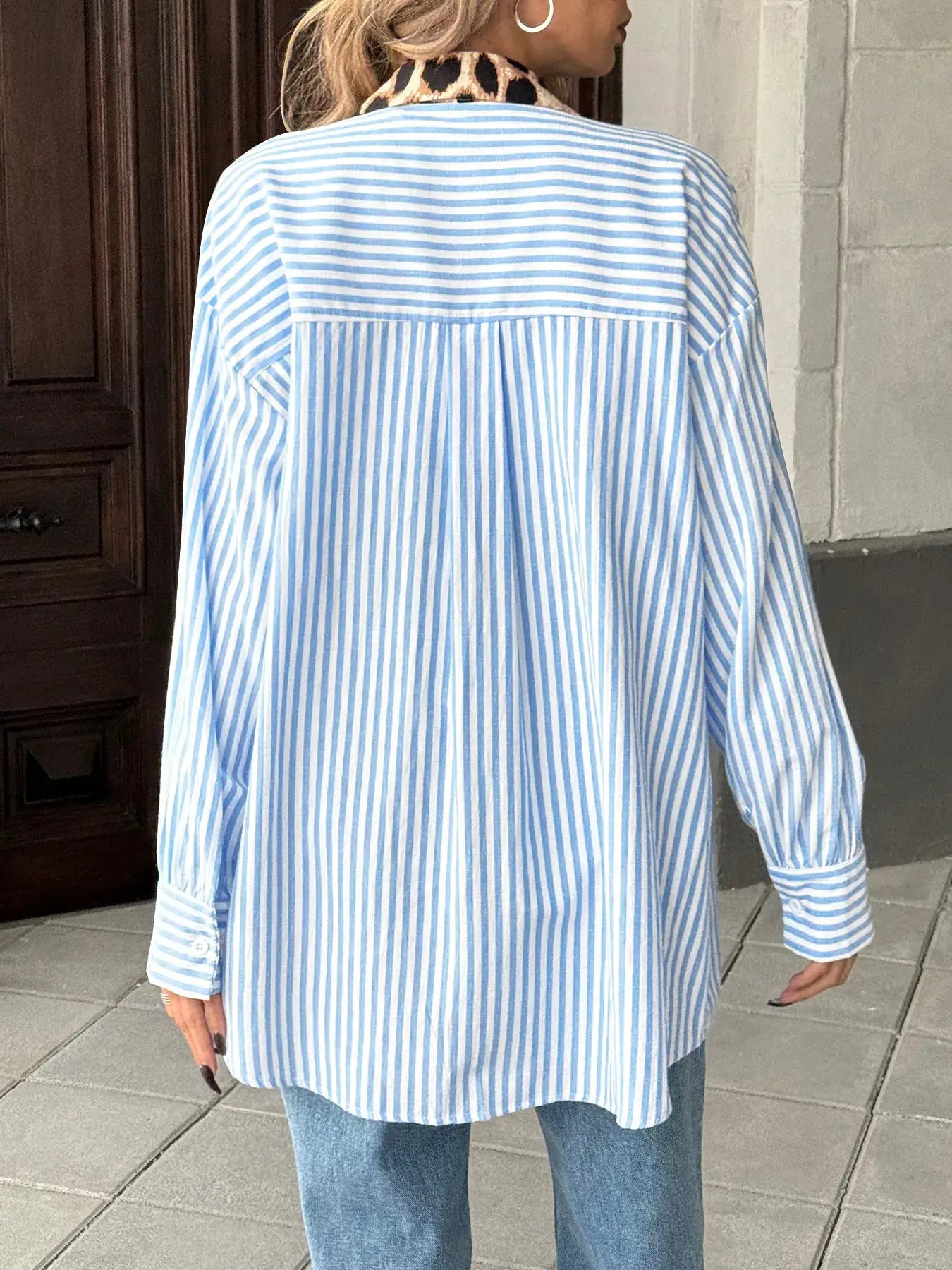Leopard Floral Striped Casual Button-Up Shirt, blue-and-white striped, long sleeves