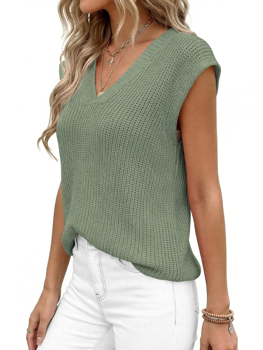 Trendsi V-Neck Sweater Vest in sage green, knit sleeveless top worn with white jeans.