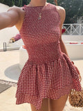 Gingham smocked mini dress in red and white with a tiered ruffle hem
