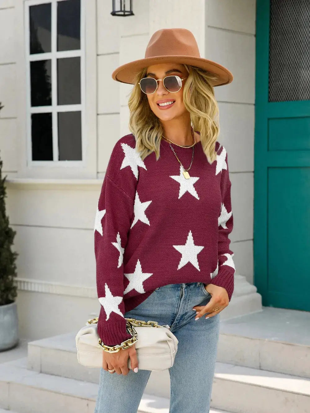 Angel Wings Star Round Neck Dropped Shoulder Sweater in burgundy with white stars by Belle Bijouix