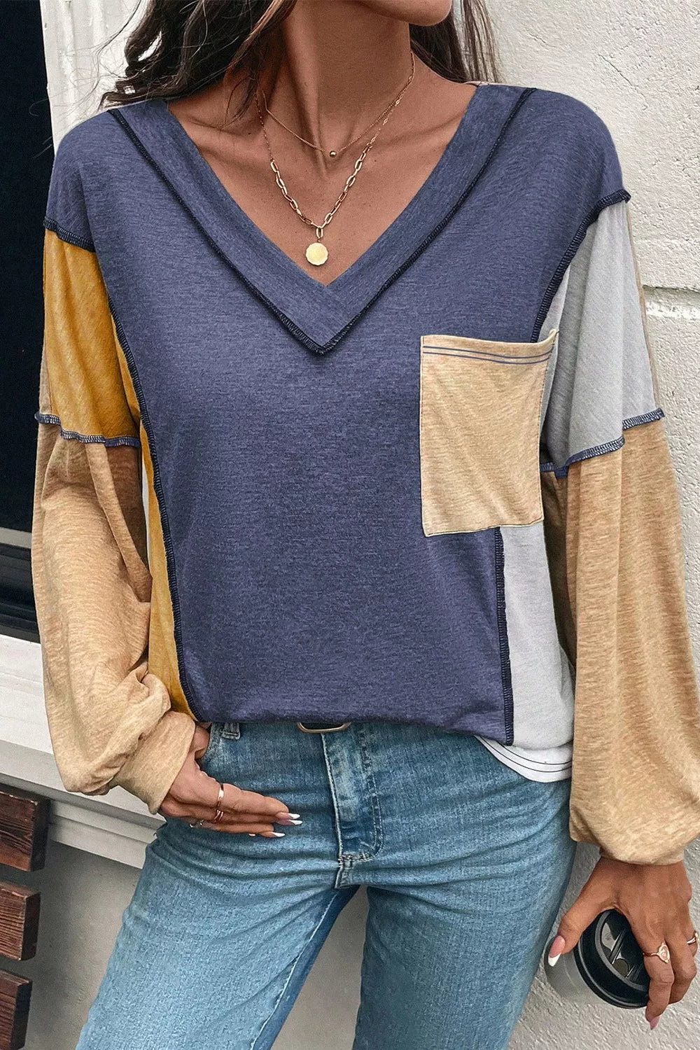Color Block V-Neck Long Sleeve T-Shirt by Belle Bijouix; navy main with mustard and gray color blocks and a front pocket