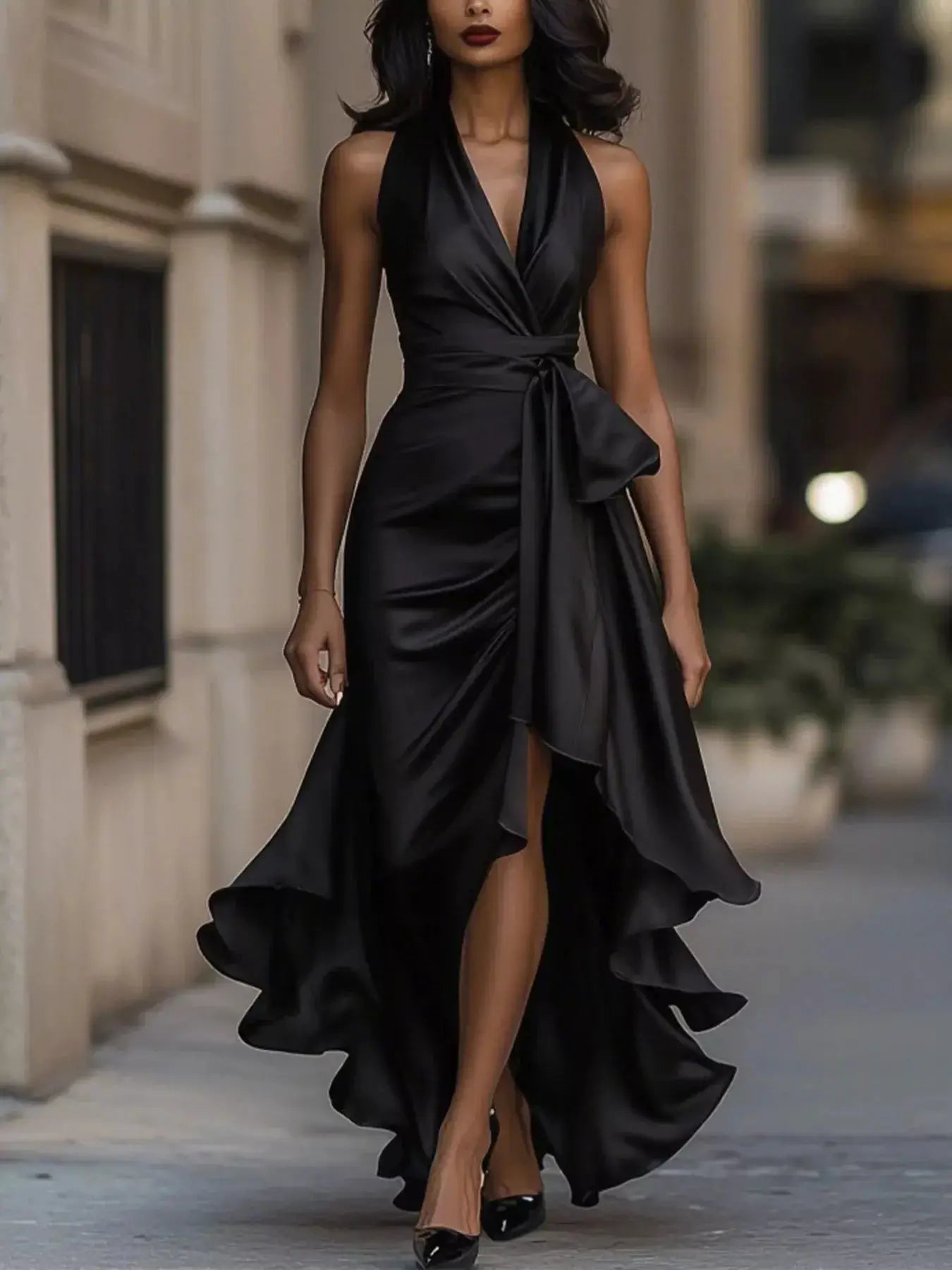 Dress: black polyester belted halter-neck maxi with ruched silhouette and ruffled side-slit hem.