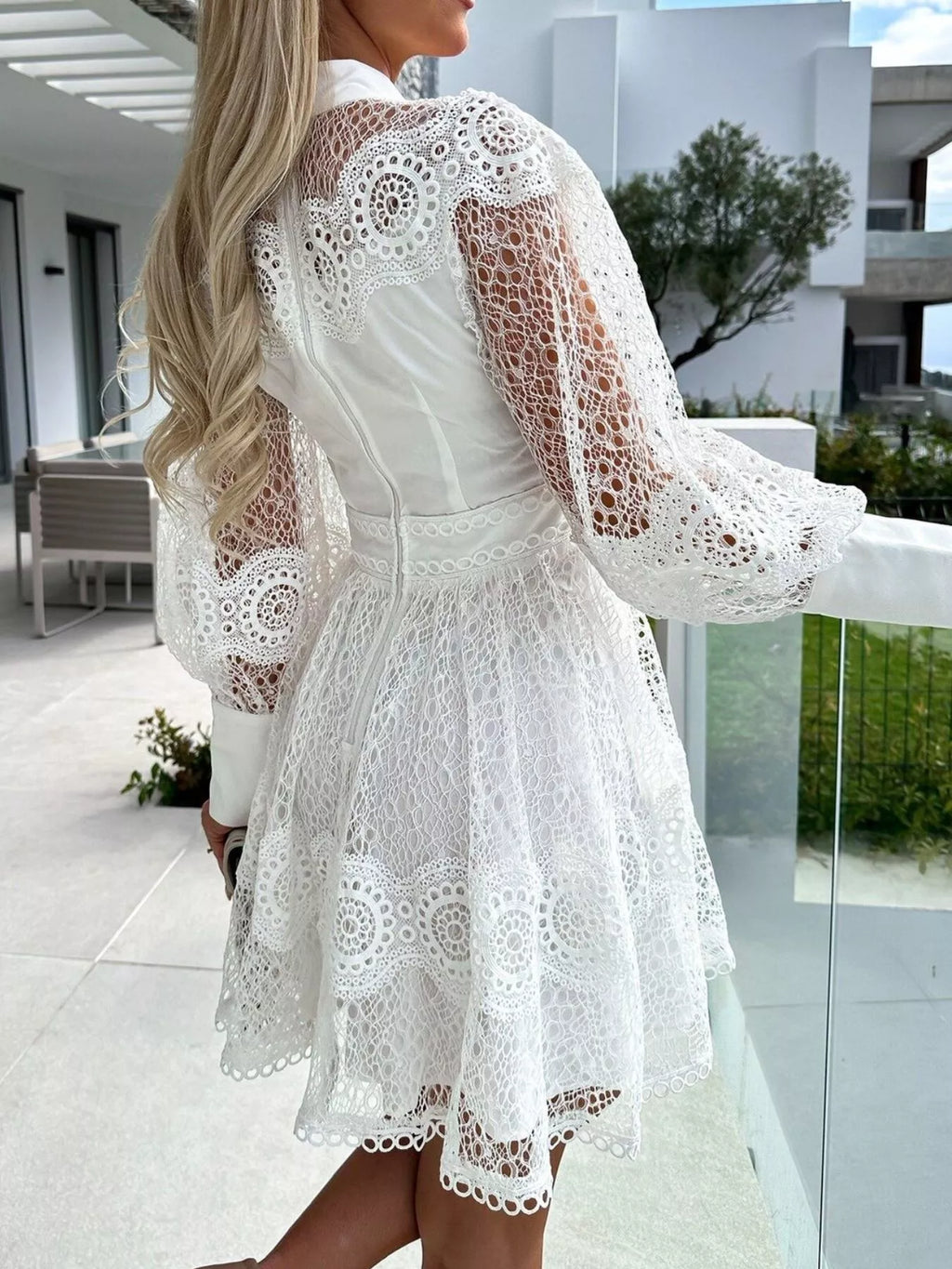 Lace Lantern Sleeve Mini Dress by Belle Bijouix, white lace with buttoned bodice and scalloped hem