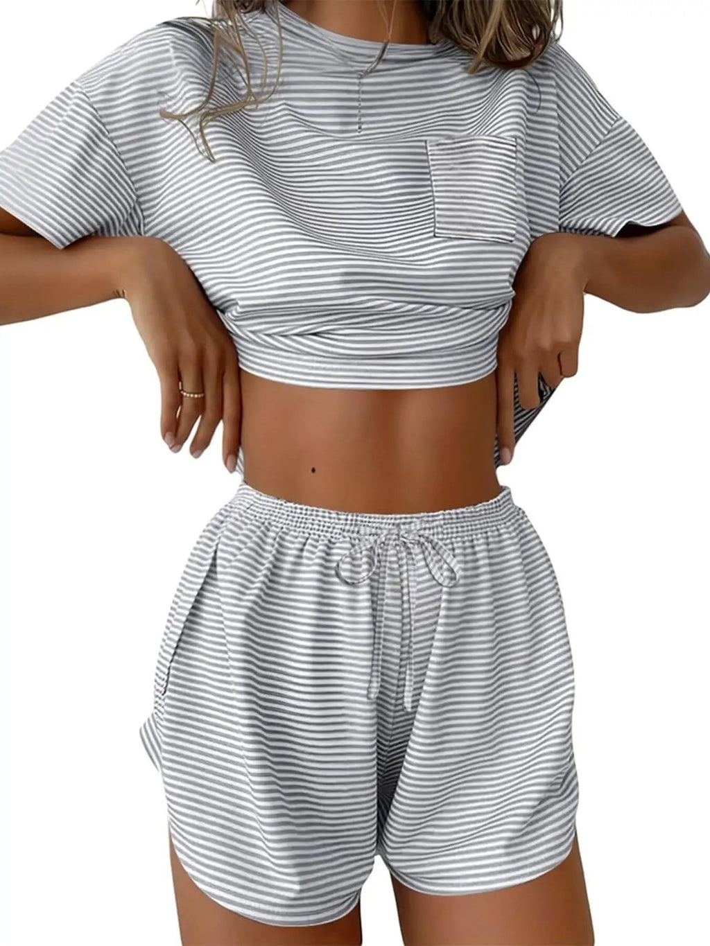 Printed striped round-neck tee and matching drawstring shorts set in gray and white.