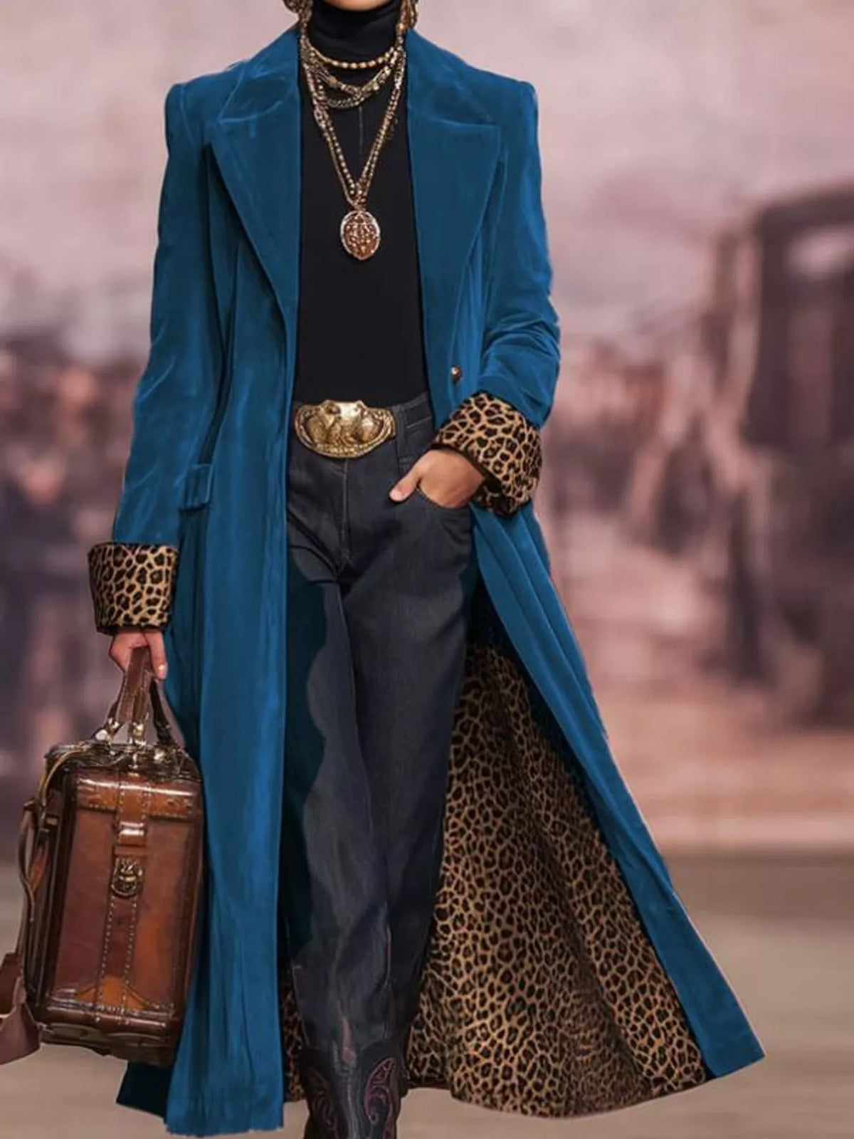 Leopard-Lined Longline Coat in Royal Blue Velvet by Belle Bijouix – view 3 of 13