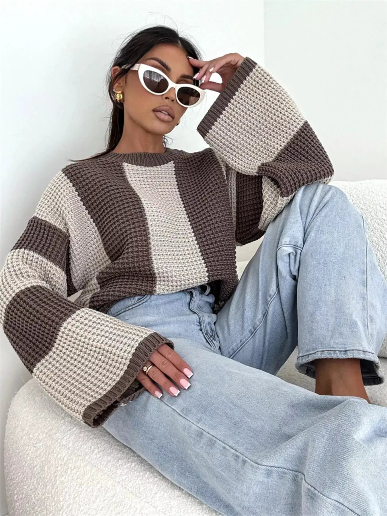 Color Block Long Sleeve Sweater by Belle Bijouix, oversized fit in brown and beige blocks.