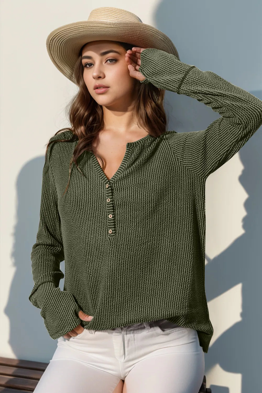 Double Take full-size notched long-sleeve T-shirt in olive green knit with buttoned placket