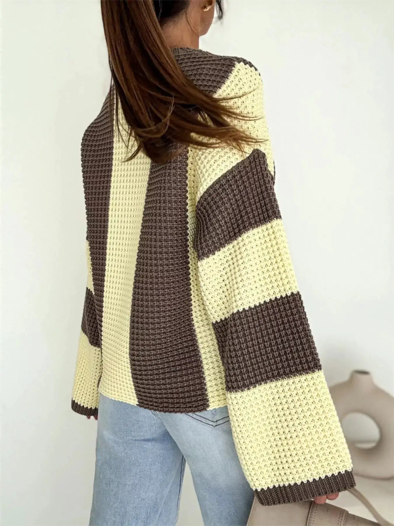 Color Block Long Sleeve Sweater in brown and cream knit, oversized fit