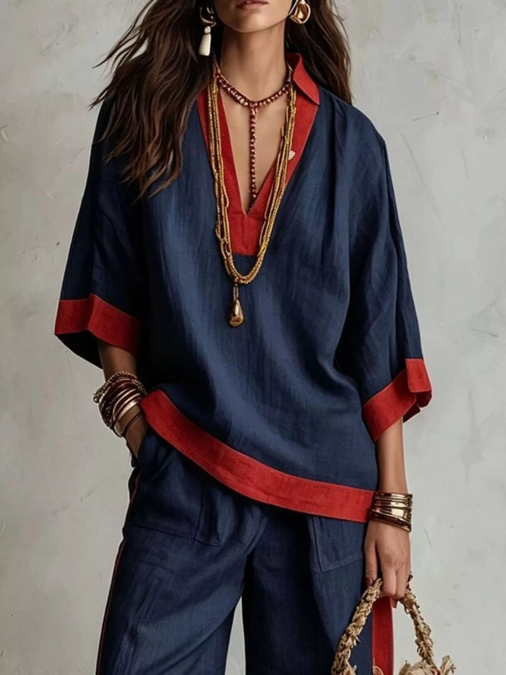 Contrast-Trim Top and Wide-Leg Pants Set