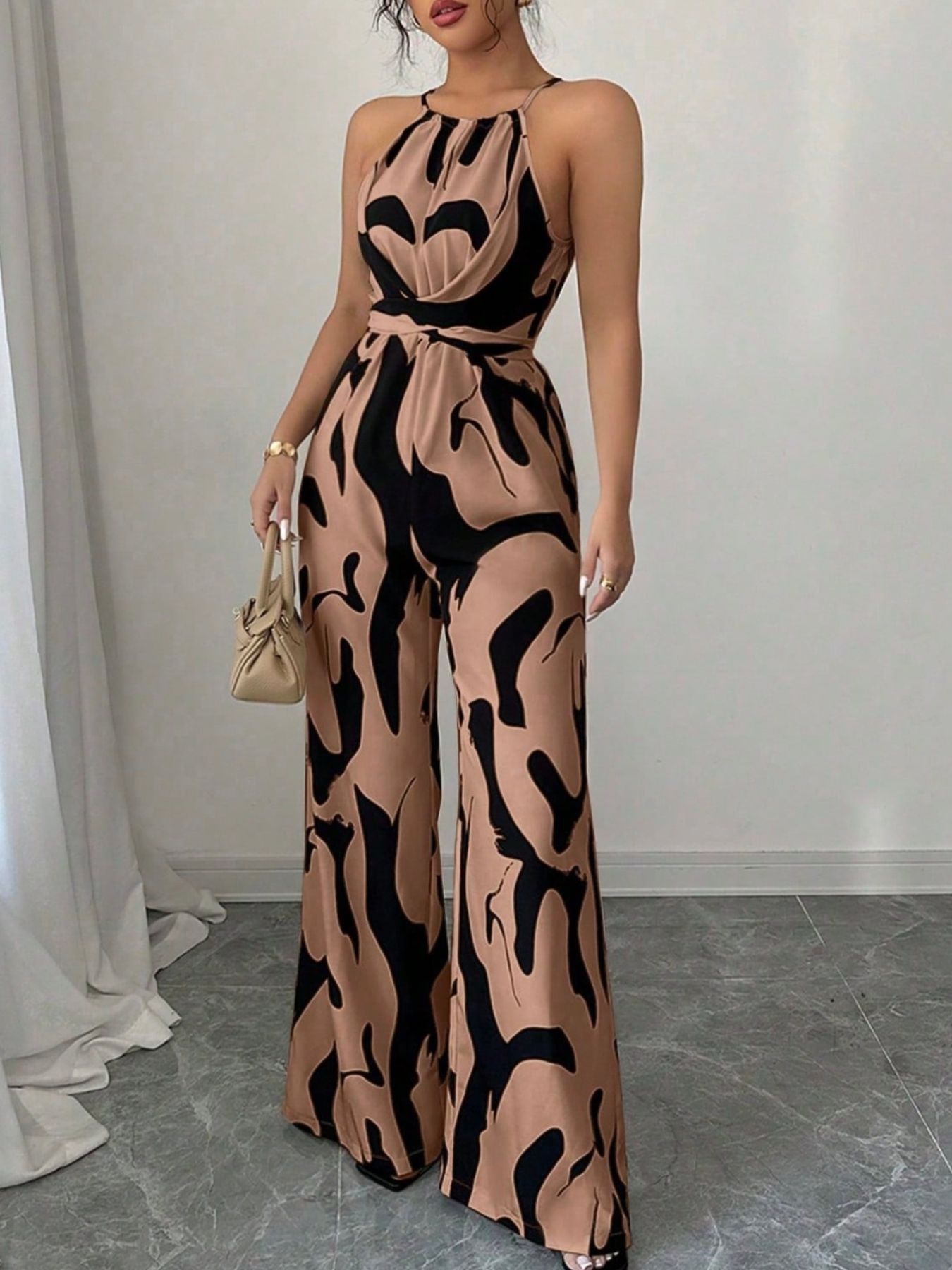 Abstract Print Sleeveless Wide Leg Jumpsuit by Bellebijouix, nude and black halter-neck pattern