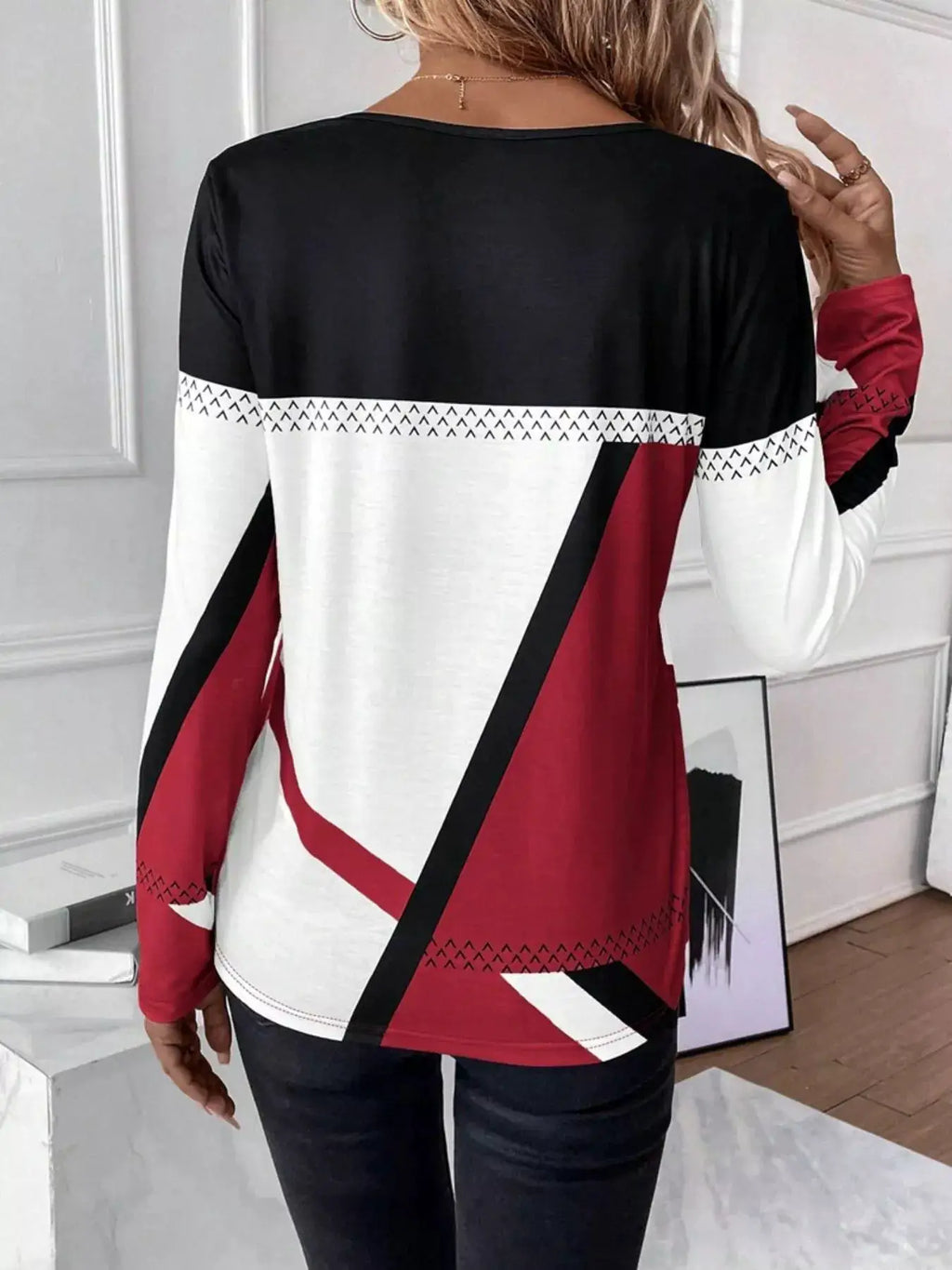 Color Block Long Sleeve T-Shirt by Belle Bijouix, black, white and red geometric panels.