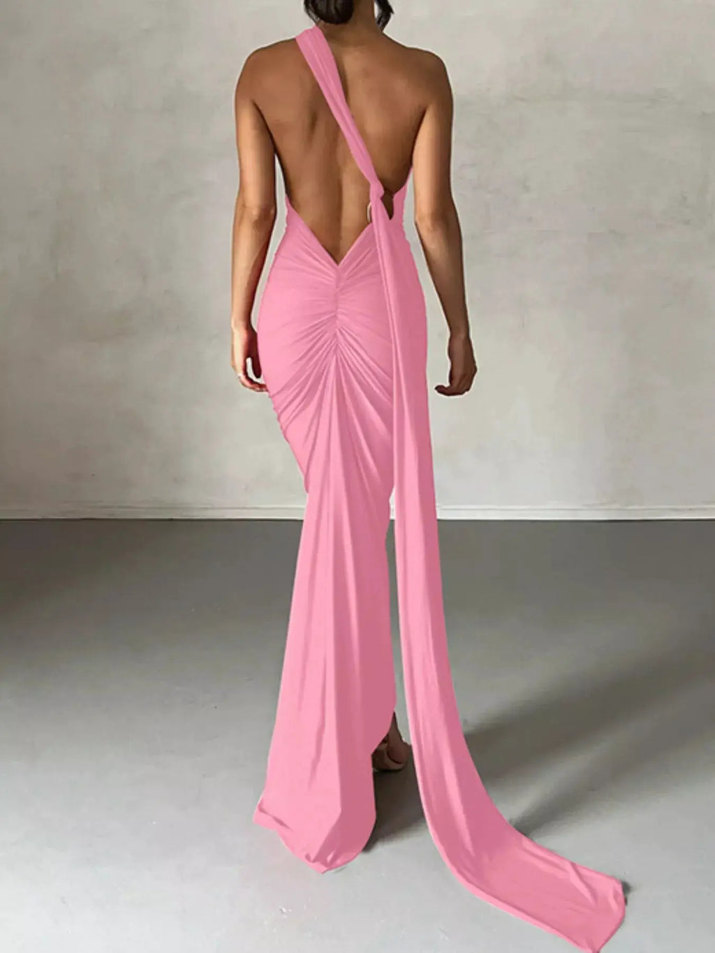 Backless One-Shoulder Ruched Bodycon Maxi Dress, pink, floor-length