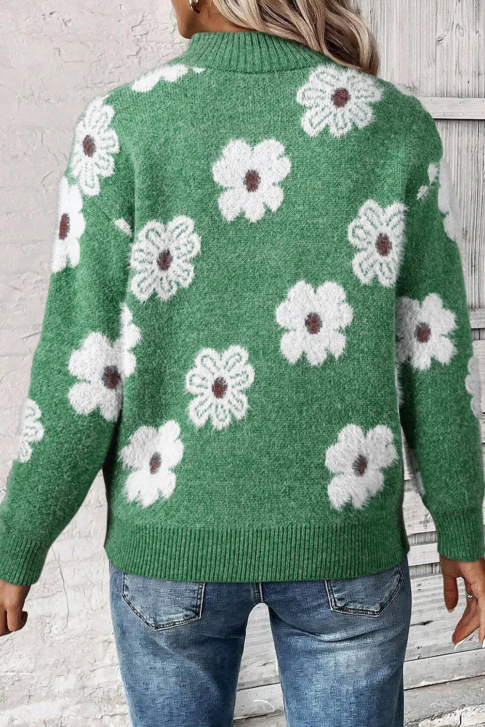 Flower Half Zip Long Sleeve Sweater by Belle Bijouix in green with white daisy floral knit pattern