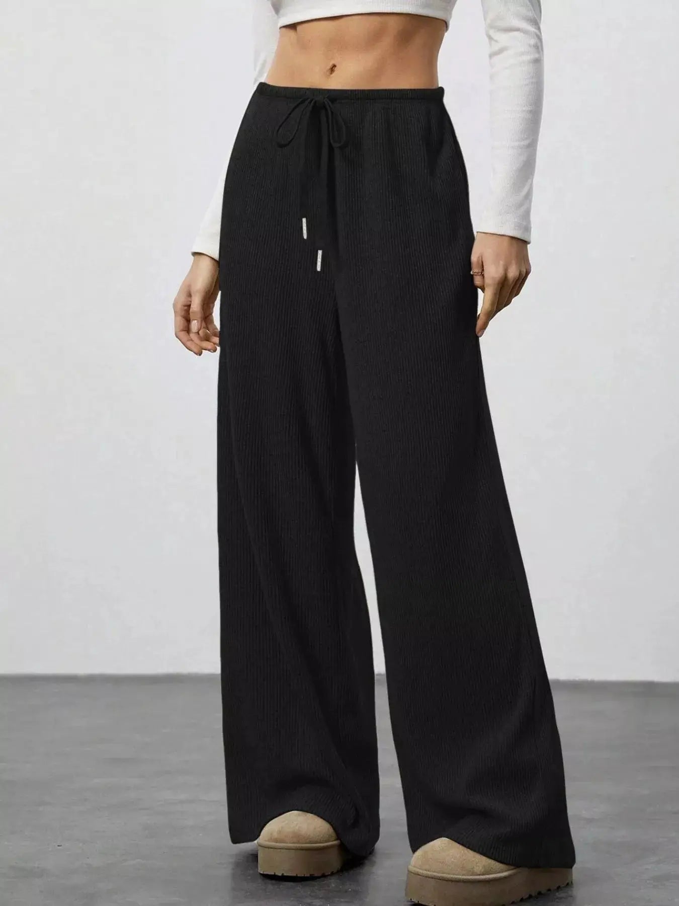 Relaxed Fit Drawstring Pants in black ribbed knit joggers with pockets and a wide-leg silhouette for everyday wear