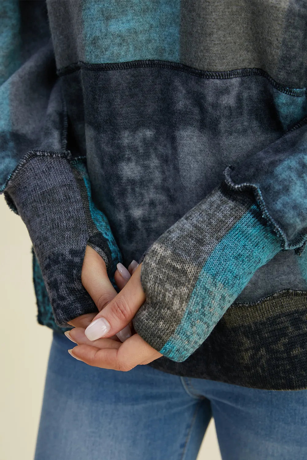 Double Take Full Size Plaid Dropped Shoulder Fleece Hoodie, teal/navy/gray plaid