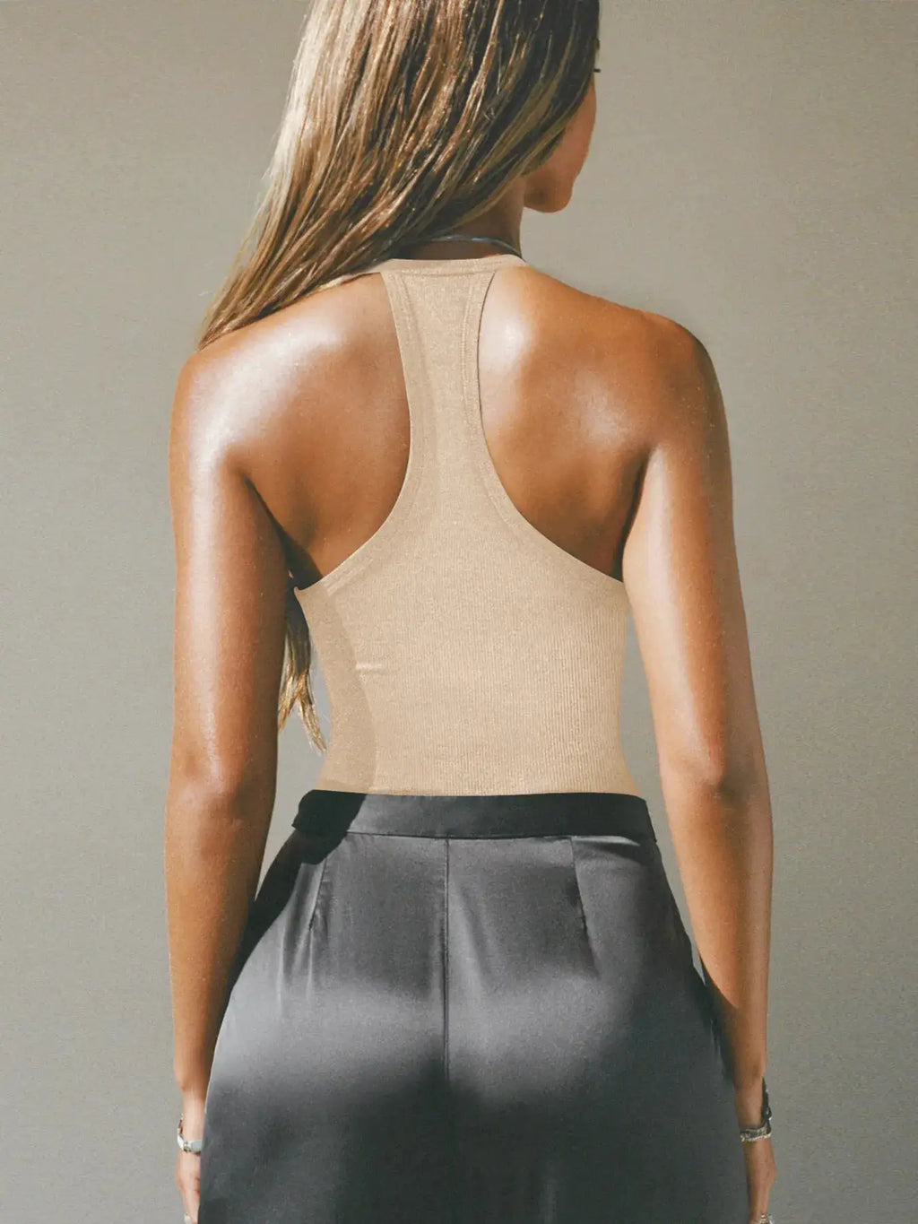 Cutout Ribbed Tank Top in beige, ribbed knit with racerback style