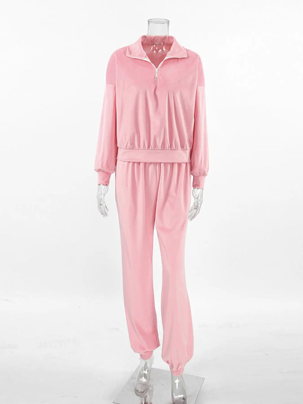 Quarter Zip Long Sleeve Top and Pants Set in pink velour; two-piece with elastic waist and cuffs.
