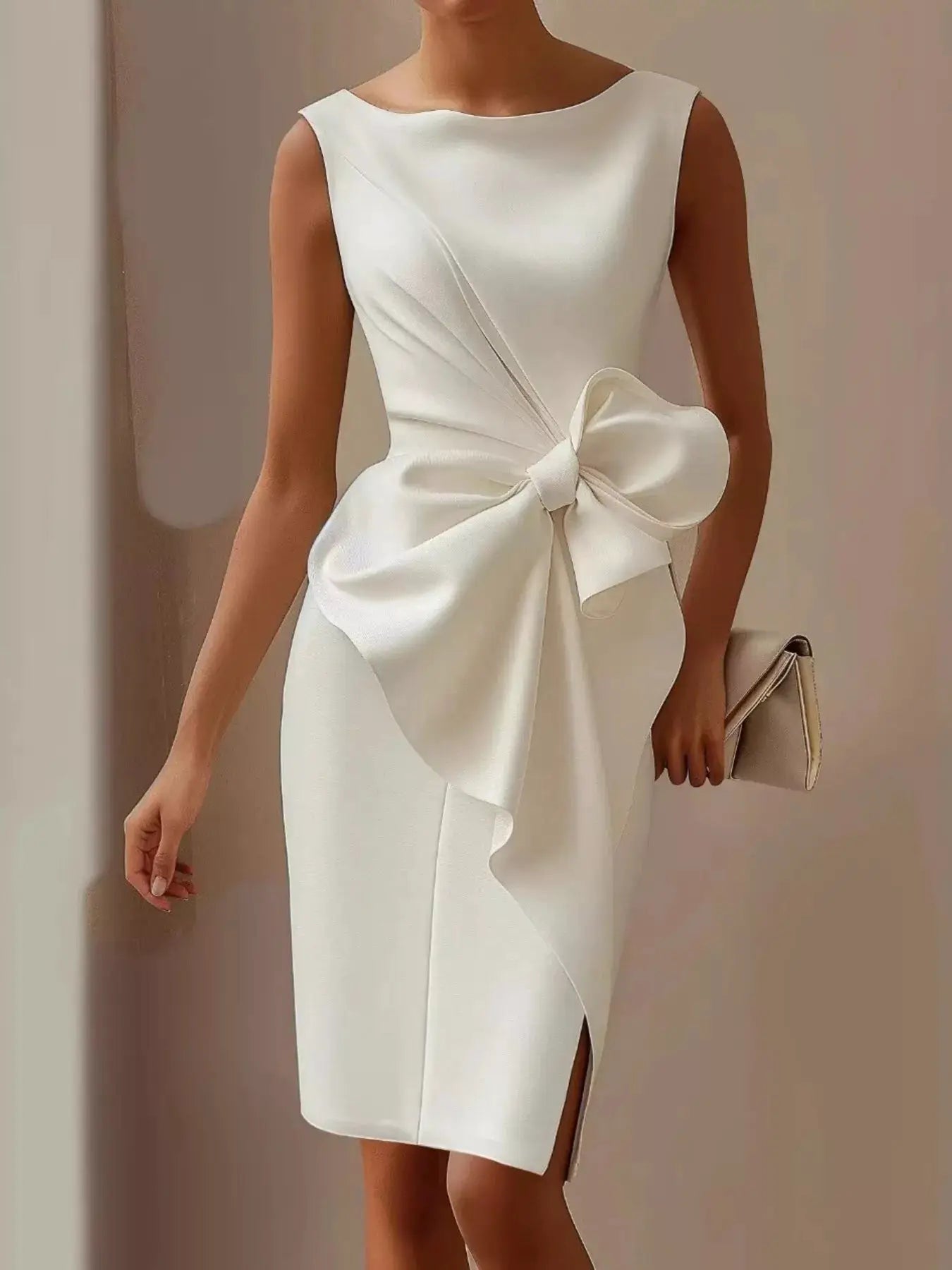 Dress Belle Bijouix bow-detail sleeveless with ruched waist and front slit in white polyester