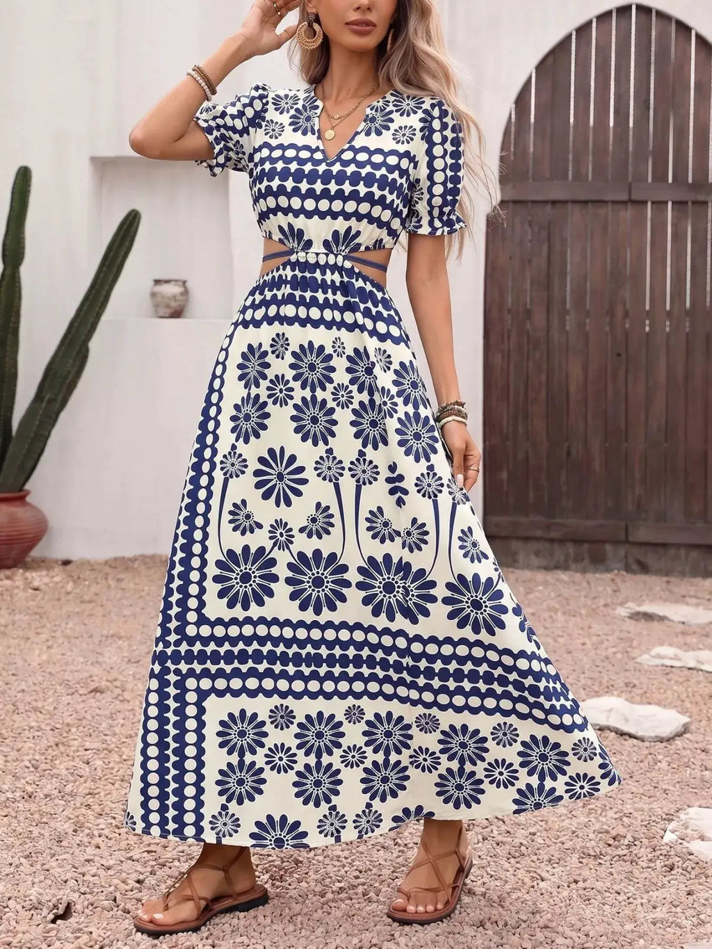 Belle Bijouix Floral Print Cutout Waist Maxi Dress in navy and cream with cutout and slit
