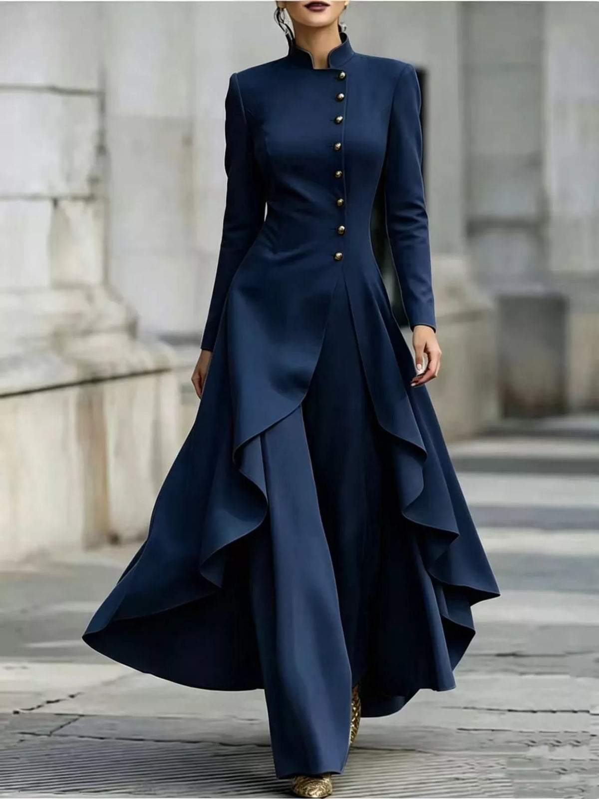 Ruffled High-Low Button Tunic & Wide-Leg Pants Set in Navy by Belle Bijouix – view 35 of 82