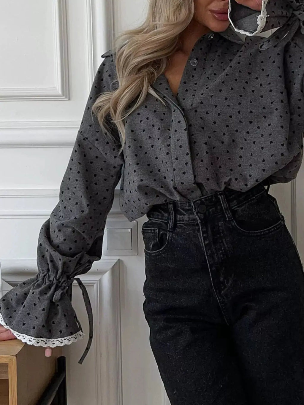 Heart Print Button-Up Flounce Sleeve Shirt in gray with lace-trim cuffs and drawstring details