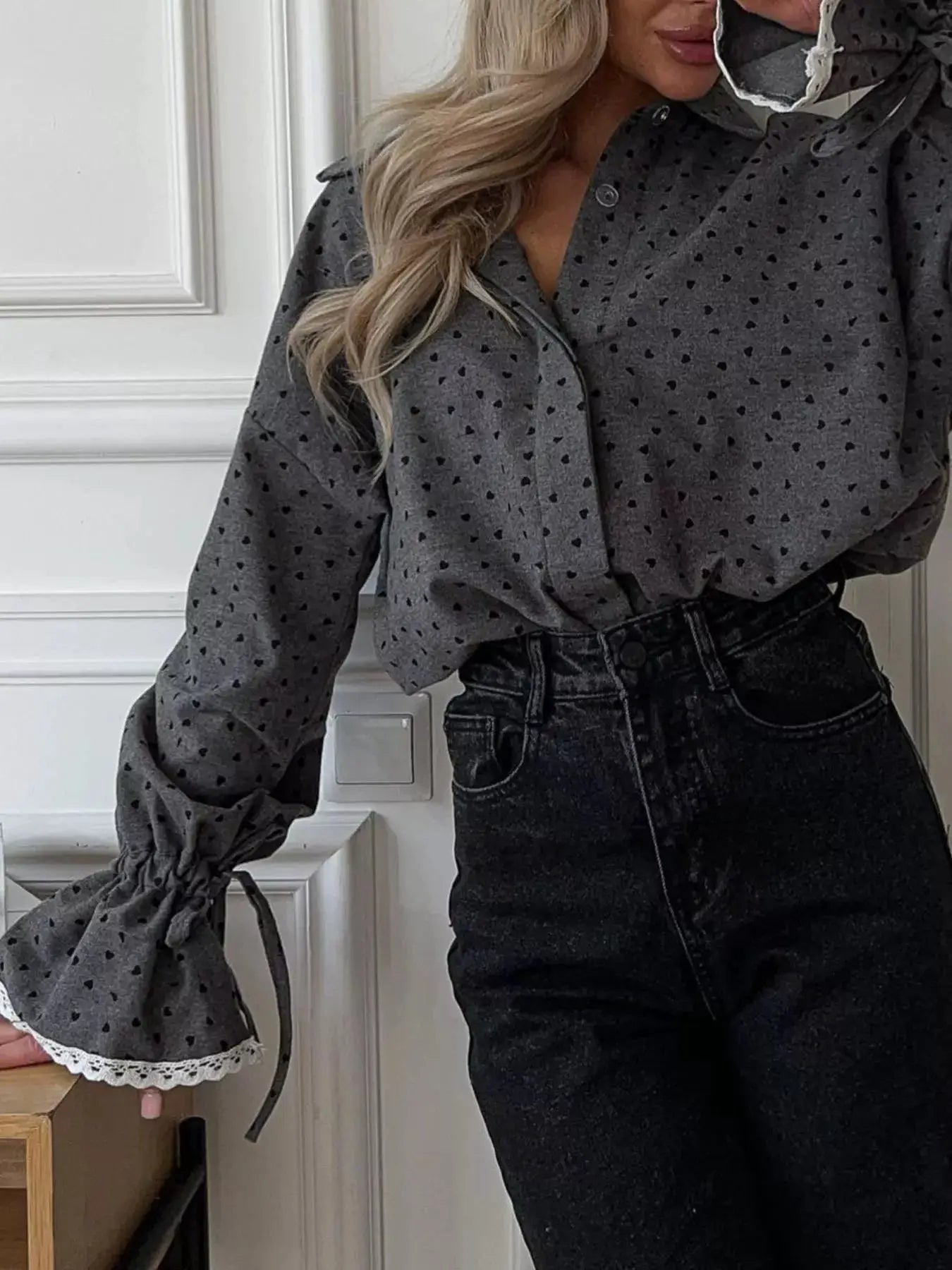 Heart Print Button-Up Flounce Sleeve Shirt in gray with lace-trim cuffs and drawstring details