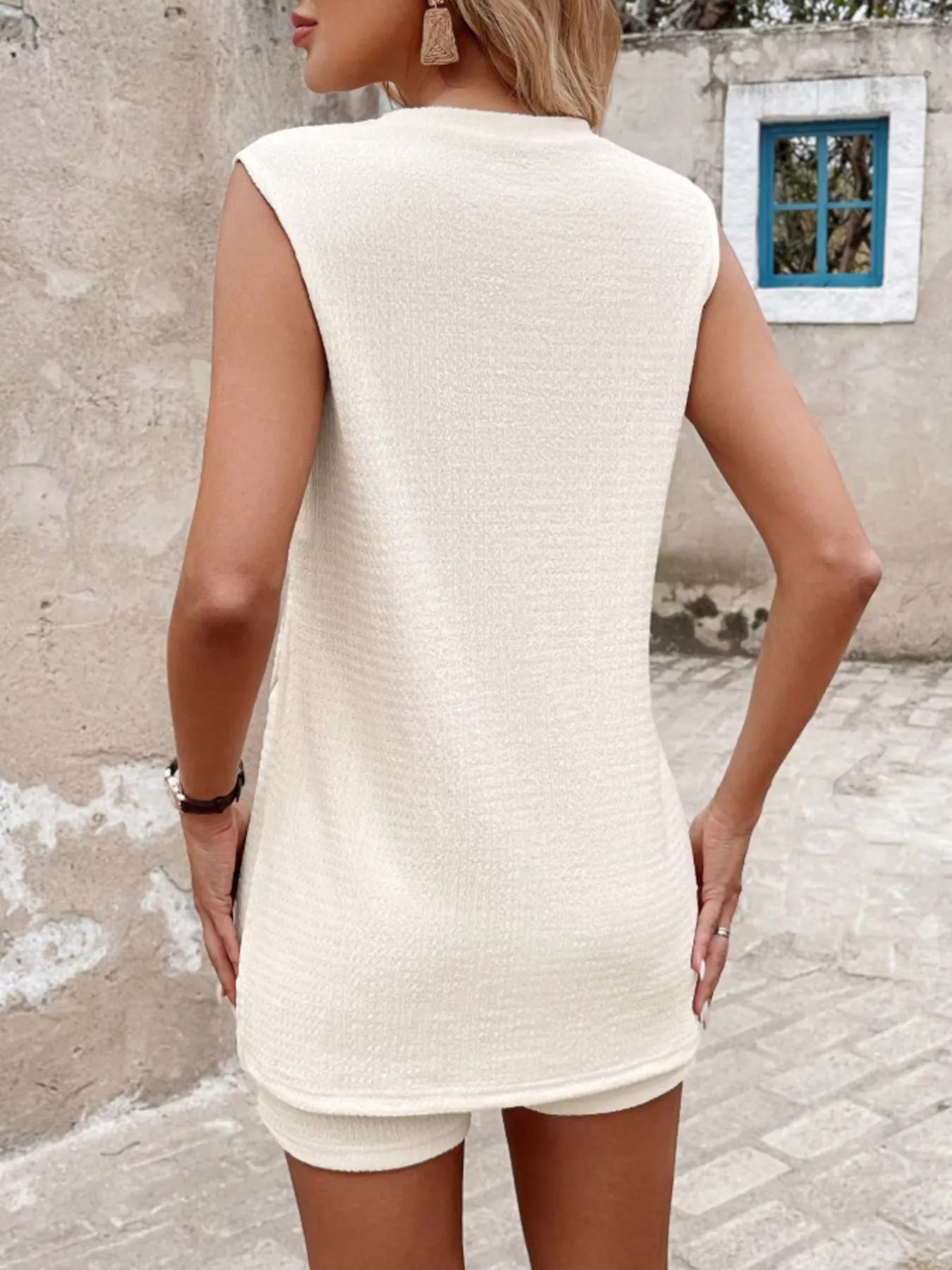 Side Slit Tank Top and Shorts Set in cream textured fabric by Trendsi