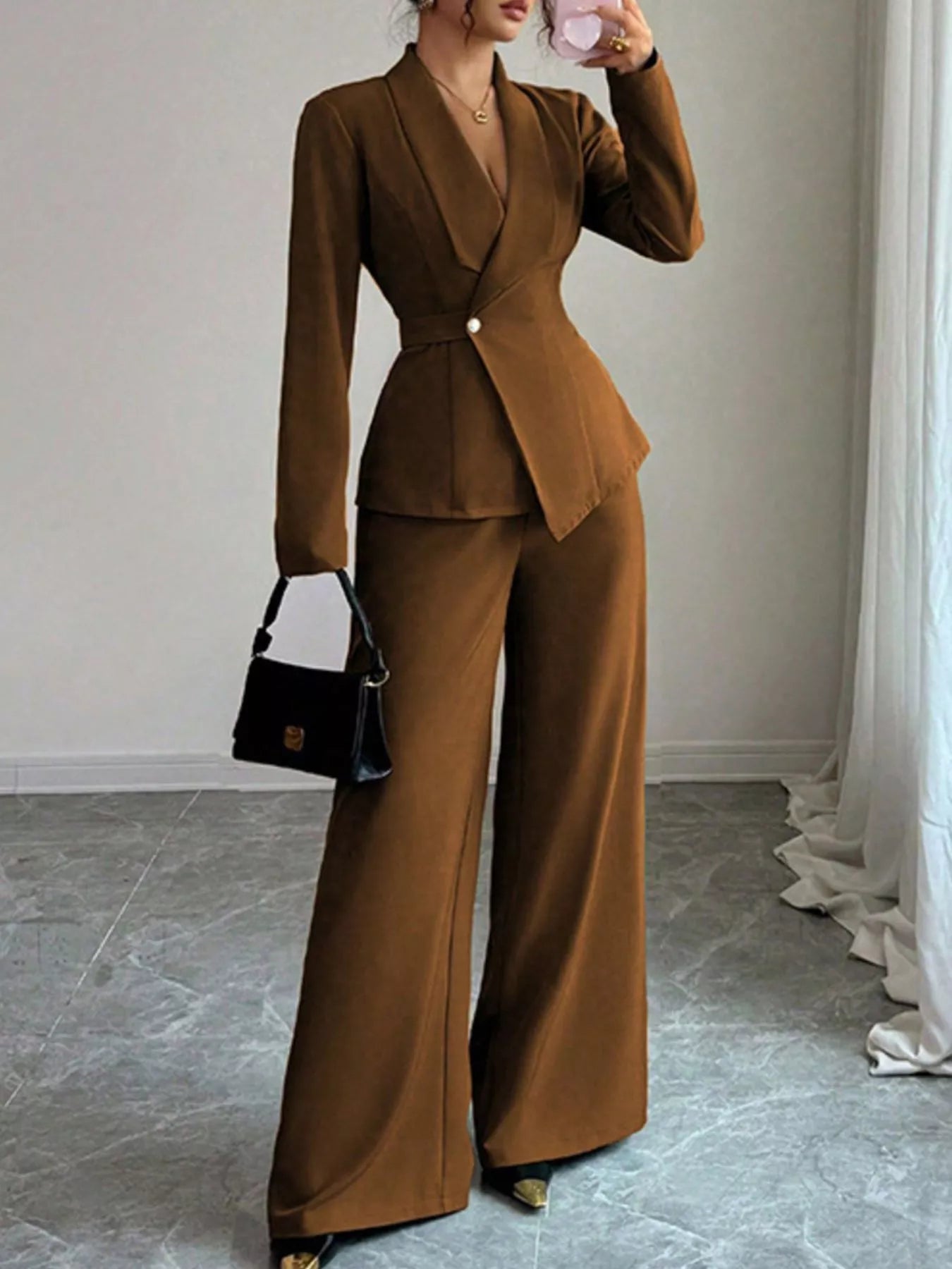 Belle Bijouix One Button Blazer and Pants Set in brown; pocketed, tailored pant suit