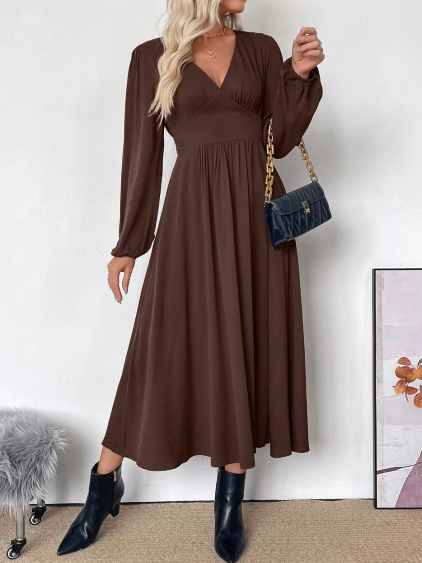 V-Neck Balloon Sleeve Midi Dress in brown with wrap-style bodice and long puff sleeves