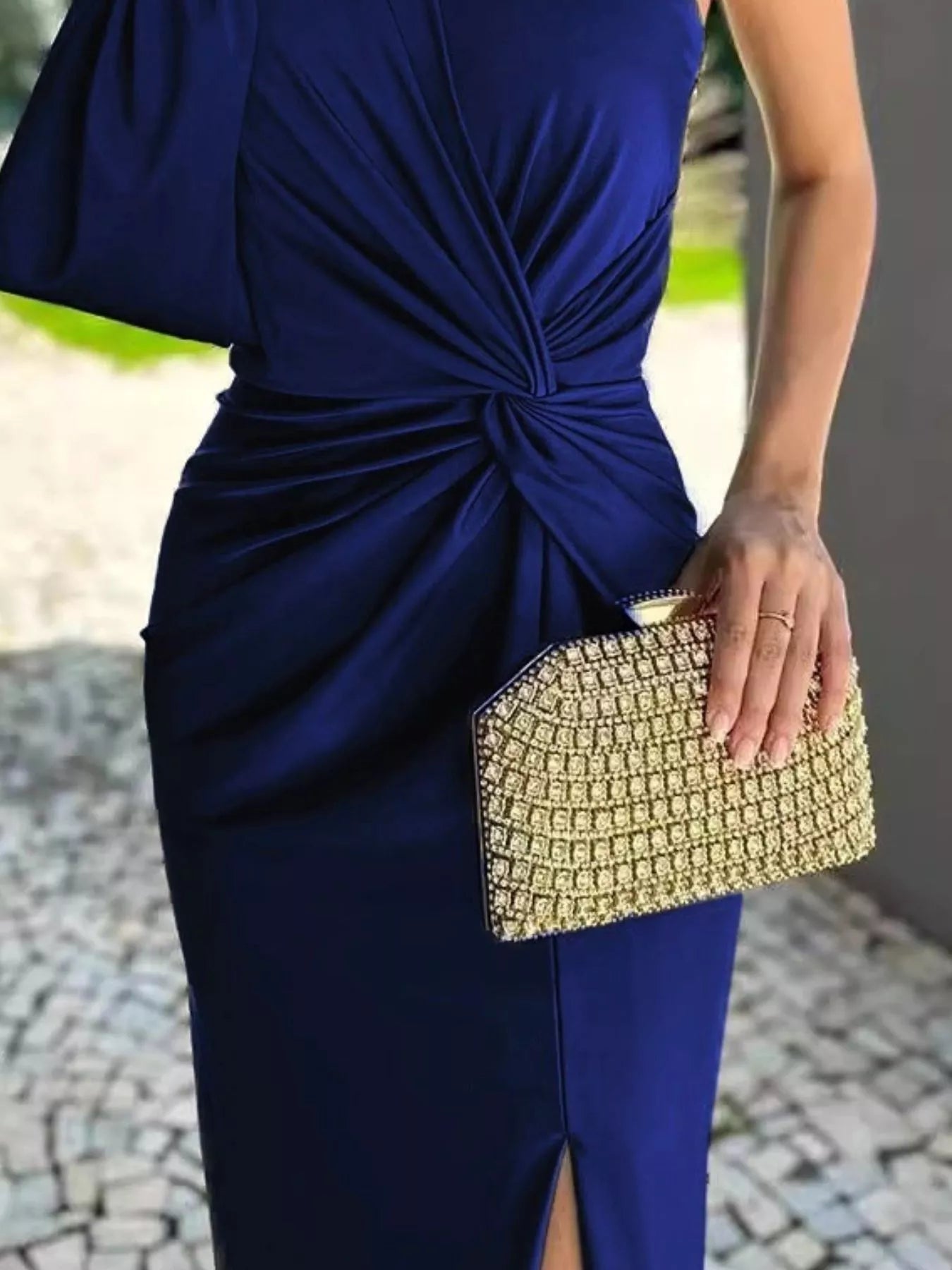 Full Size One-Shoulder Knot Detail Slit Maxi Dress Plus Size, navy blue with knotted waist and front slit.