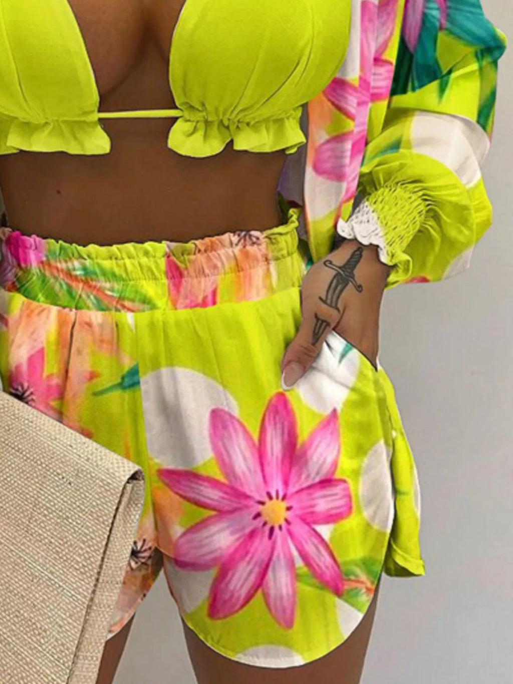 Trendsi 3-piece plus-size neon floral halter-neck cami set with matching shirt and shorts